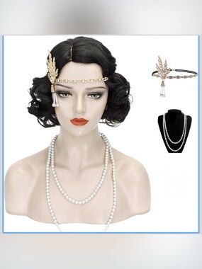 1920s Finger Wave Black Vintage Flapper Wig with Headband Necklace Earrings